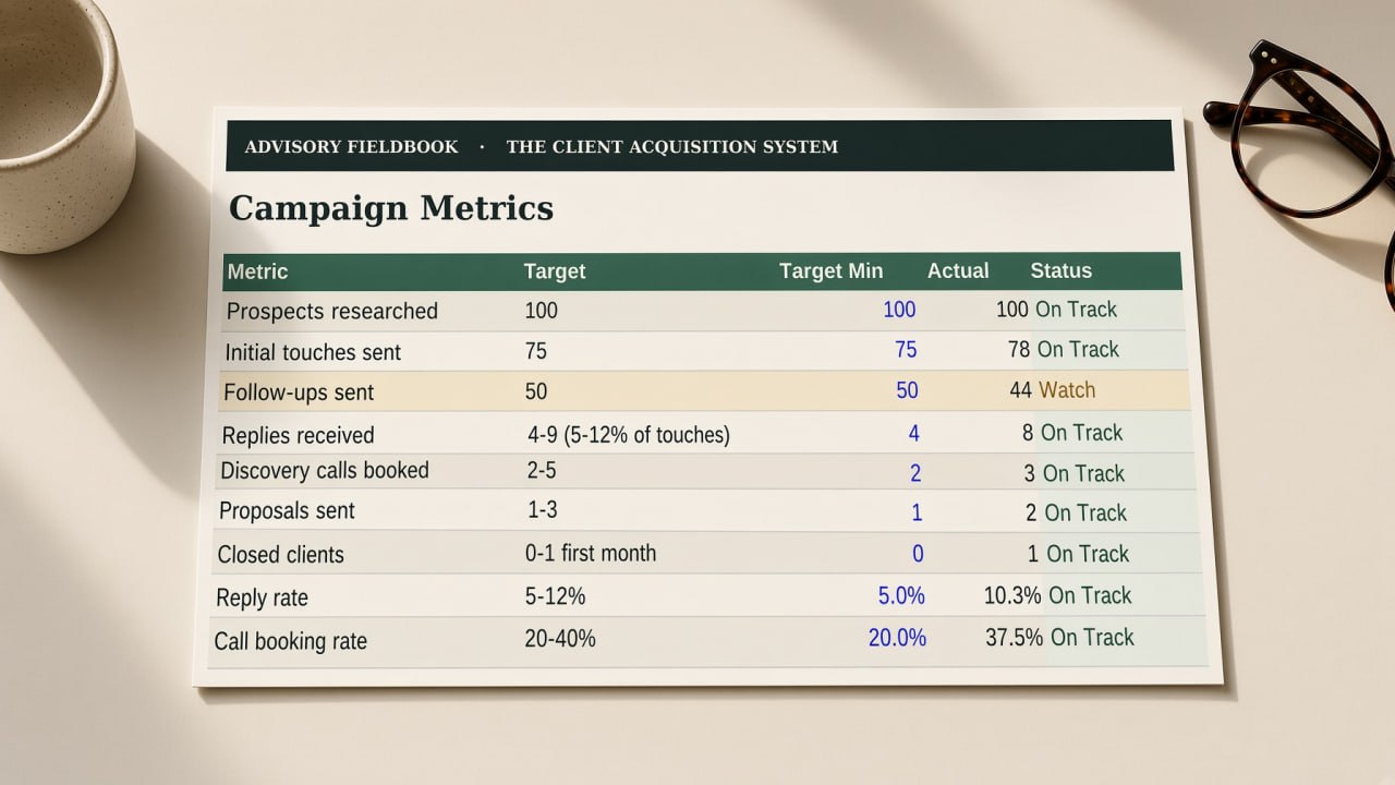 Campaign Metrics sheet from The Client Acquisition System workbook, showing targets, actuals, and status for a first campaign.