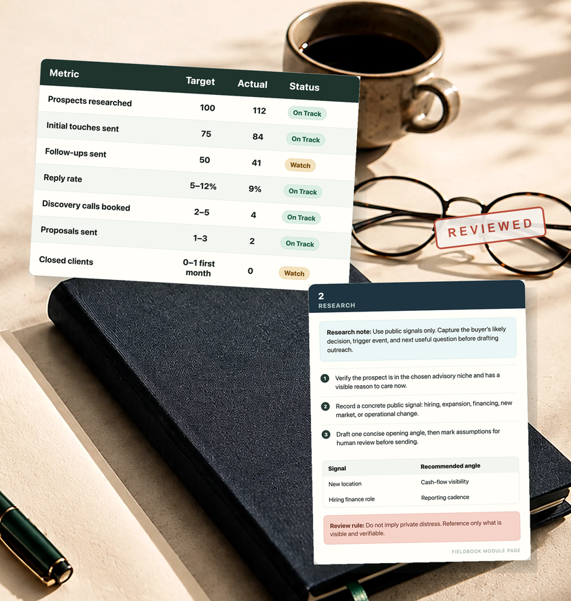 The Client Acquisition System tracker card over a research document on a desk