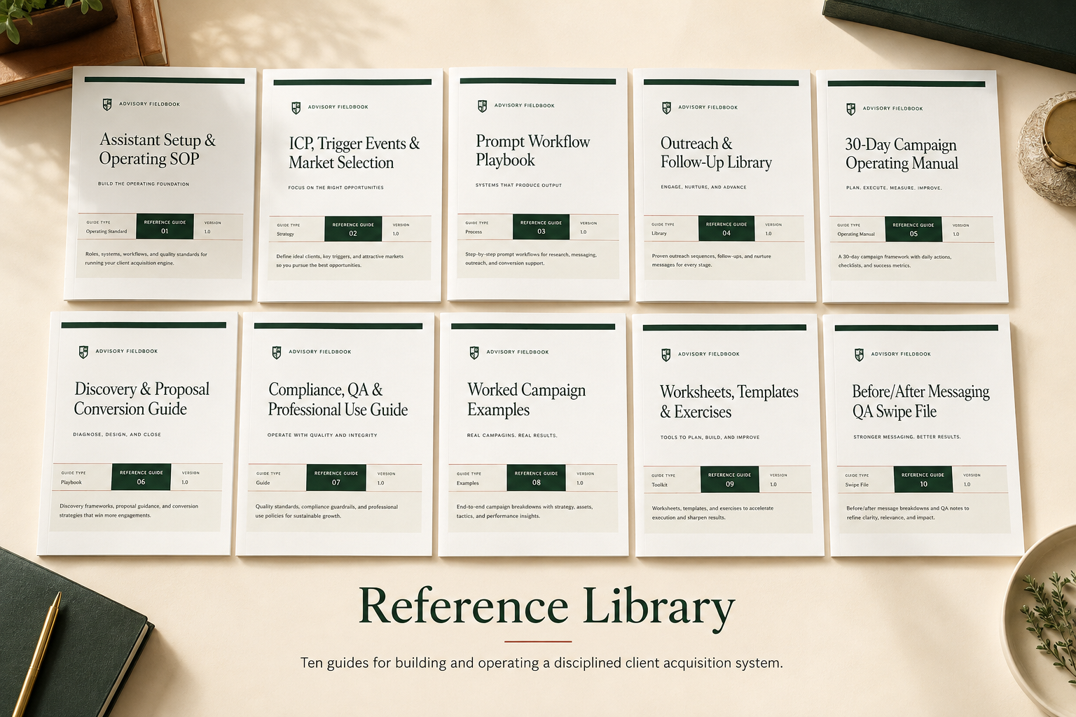 Reference Library image showing ten Advisory Fieldbook guide covers for operating a disciplined client acquisition system.