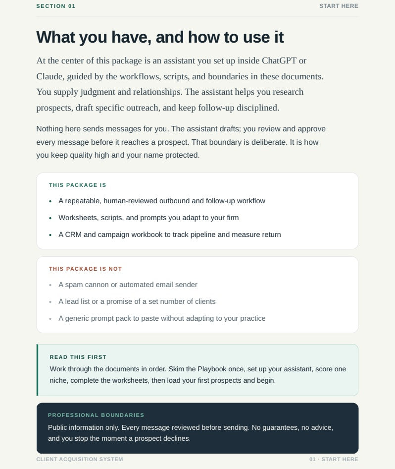 Start Here worksheet from The Client Acquisition System.