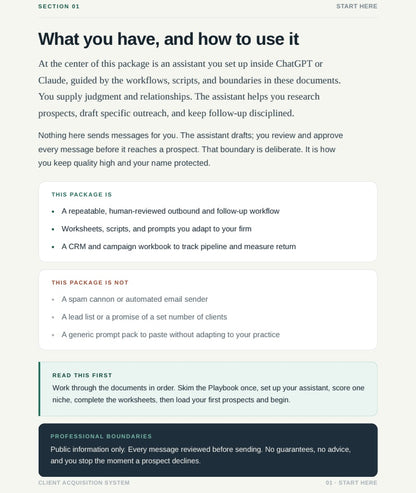 Start Here worksheet from The Client Acquisition System.